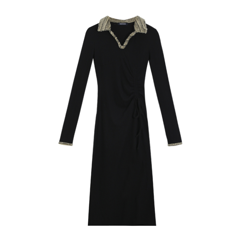 Women's Black Knitted Dress, Waist-Cinching Elegant Design, Long Skirt for Autumn 2025, Niche Style Base Layer
