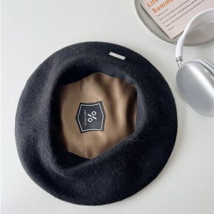 Women's Black Woolen Beret Hat - Elastic Sweatband, Small Logo, Flattering Painter's Style for Autumn and Winter Fashion
