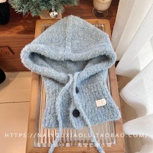 Women's Blue Dyed Wool Blend Balaclava Hat with Integrated Neck Gaiter and Ear Protection - Warm Knitted Winter Accessory