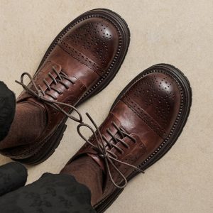 Women's British Style Deep Mouth Lace-Up Brogue Flats, Genuine Leather Round Toe Loafers, College Style Thick-Soled with Fleece Lining