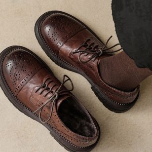 Women's British Style Deep Mouth Lace-Up Brogue Flats, Genuine Leather Round Toe Loafers, College Style Thick-Soled with Fleece Lining