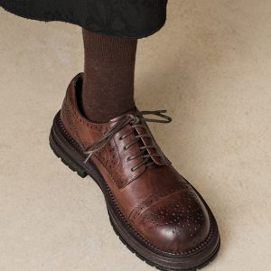 Women's British Style Deep Mouth Lace-Up Brogue Flats, Genuine Leather Round Toe Loafers, College Style Thick-Soled with Fleece Lining