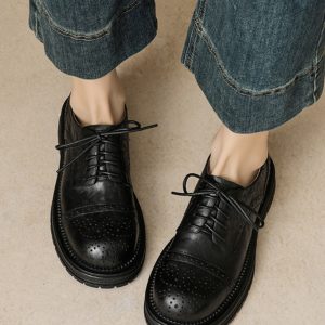 Women's British Style Deep Mouth Lace-Up Brogue Flats, Genuine Leather Round Toe Loafers, College Style Thick-Soled with Fleece Lining