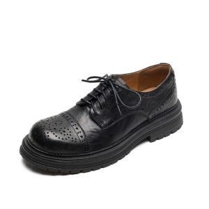 Women's British Style Deep Mouth Lace-Up Brogue Flats, Genuine Leather Round Toe Loafers, College Style Thick-Soled with Fleece Lining