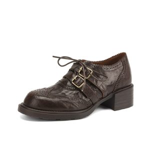 Women's British Style Lace-Up Brogue Leather Shoes, Genuine Sheepskin, Round Toe, Chunky Heel, Belt Buckle Loafers