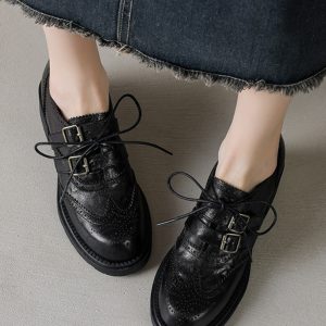 Women's British Style Lace-Up Brogue Leather Shoes, Genuine Sheepskin, Round Toe, Chunky Heel, Belt Buckle Loafers