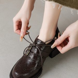 Women's British Style Lace-Up Brogue Leather Shoes, Genuine Sheepskin, Round Toe, Chunky Heel, Belt Buckle Loafers