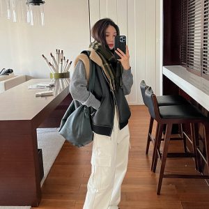 Women's Casual Draped Sweatpants - American-Style Work Pants, Straight Loose Fit, White, Autumn Winter 2023 Fashion