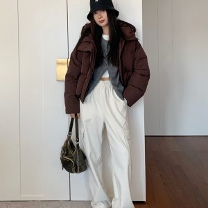 Women's Casual Draped Sweatpants - American-Style Work Pants, Straight Loose Fit, White, Autumn Winter 2023 Fashion