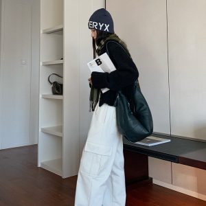 Women's Casual Draped Sweatpants - American-Style Work Pants, Straight Loose Fit, White, Autumn Winter 2023 Fashion