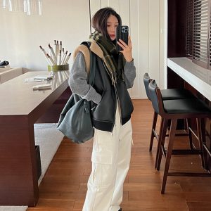 Women's Casual Draped Sweatpants - American-Style Work Pants, Straight Loose Fit, White, Autumn Winter 2023 Fashion