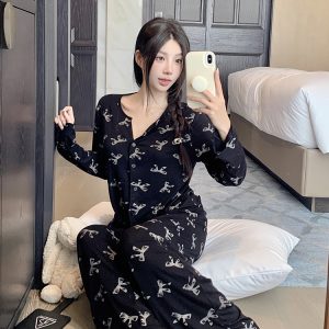 Women's Casual Long Sleeve Pajamas Set - Satin Cotton Bow Tie Loungewear for Spring & Autumn, Chic and Versatile Outfit