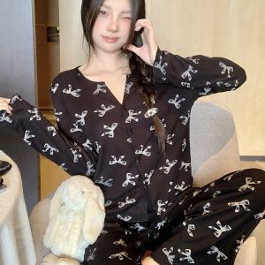 Women's Casual Long Sleeve Pajamas Set - Satin Cotton Bow Tie Loungewear for Spring & Autumn, Chic and Versatile Outfit