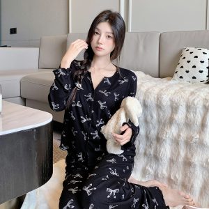 Women's Casual Long Sleeve Pajamas Set - Satin Cotton Bow Tie Loungewear for Spring & Autumn, Chic and Versatile Outfit