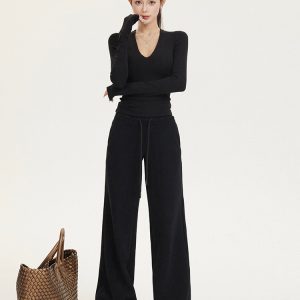 Women's Casual Wide-Leg Fleece Sweatpants with Drawstring - Cozy Autumn and Winter Long Pants for Comfort and Style