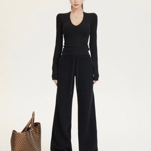 Women's Casual Wide-Leg Fleece Sweatpants with Drawstring - Cozy Autumn and Winter Long Pants for Comfort and Style
