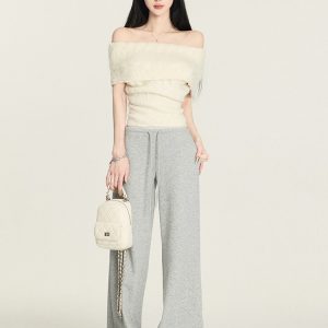 Women's Casual Wide-Leg Fleece Sweatpants with Drawstring - Cozy Autumn and Winter Long Pants for Comfort and Style