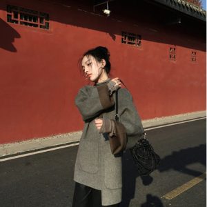 Women's Chinese-Style Round Neck Wool Coat - Niche Winter Cardigan Top for Effortless Chic