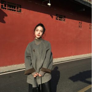 Women's Chinese-Style Round Neck Wool Coat - Niche Winter Cardigan Top for Effortless Chic