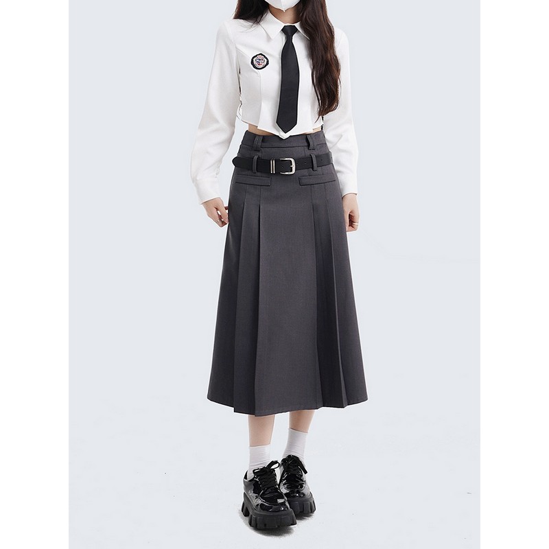 Women's College Style Gray Half Skirt Set - High Waist A-Line Pleated Long Skirt for Spring Fashion