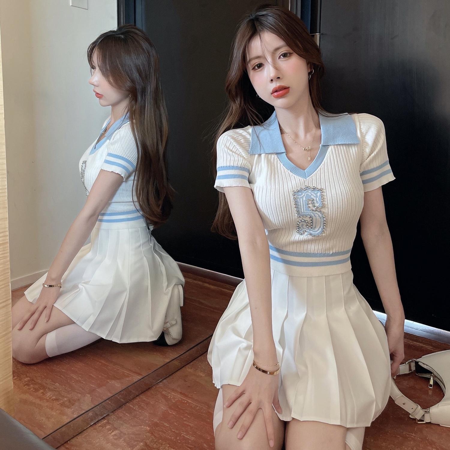 Women’s College Style Pleated Skirt Suit Set - High-End Milk Salt System, Hong Kong Style Two-Piece Summer Outfit