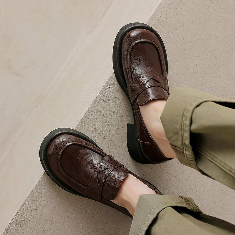 Women's College Style Thick-Soled Round-Toe Loafers, Chunky Heel British Slip-On Leather Shoes, Spring Autumn Height-Increasing Flats