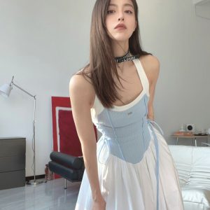 Women’s College Style Waist-Cinching Halter Neck Dress - Summer High-Waisted Slimming Faux Two-Piece Elegant Long Dress