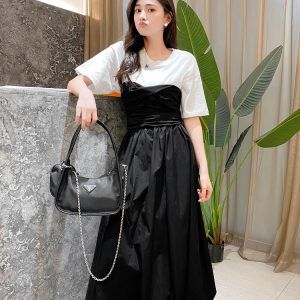 Women's Color Block Pleated Waist Slimming Fit Short Sleeve T-Shirt - European & American Style, Black and White, Summer Cotton Top