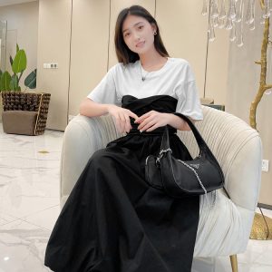 Women's Color Block Pleated Waist Slimming Fit Short Sleeve T-Shirt - European & American Style, Black and White, Summer Cotton Top