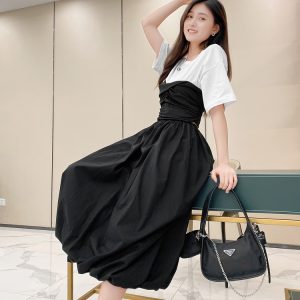 Women's Color Block Pleated Waist Slimming Fit Short Sleeve T-Shirt - European & American Style, Black and White, Summer Cotton Top