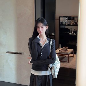 Women's Color Block Stretch Long Sleeve T-Shirt - Slim Fit V-Neck, Fake Two-Piece Design, Autumn Winter Fashion