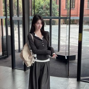Women's Color Block Stretch Long Sleeve T-Shirt - Slim Fit V-Neck, Fake Two-Piece Design, Autumn Winter Fashion