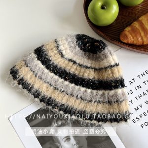 Women's Color-Blocking Striped Wool Knitted Fisherman's Hat - Versatile Winter Bucket Hat for a Flattering Look