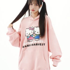 Women's Cute Kitty Cat Hoodie with Ears and Bow, Loose-Fit Sweet Top, Y2K Style