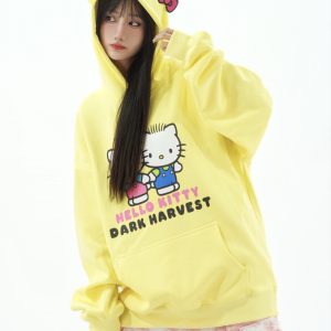 Women's Cute Kitty Cat Hoodie with Ears and Bow, Loose-Fit Sweet Top, Y2K Style