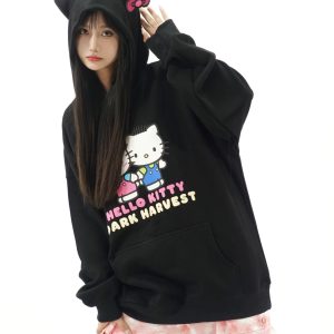 Women's Cute Kitty Cat Hoodie with Ears and Bow, Loose-Fit Sweet Top, Y2K Style