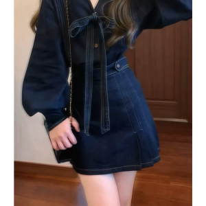Women's Denim Suit Set - Korean Style Bow Tie Coat & A-Line Skirt - 2023 Autumn Winter High-End Fashion Two-Piece Outfit