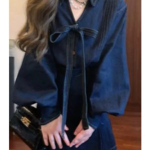 Women's Denim Suit Set - Korean Style Bow Tie Coat & A-Line Skirt - 2023 Autumn Winter High-End Fashion Two-Piece Outfit