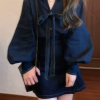 Women's Denim Suit Set - Korean Style Bow Tie Coat & A-Line Skirt - 2023 Autumn Winter High-End Fashion Two-Piece Outfit