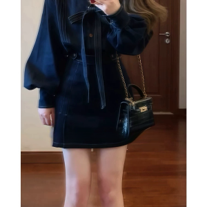Women's Denim Suit Set - Korean Style Bow Tie Coat & A-Line Skirt - 2023 Autumn Winter High-End Fashion Two-Piece Outfit