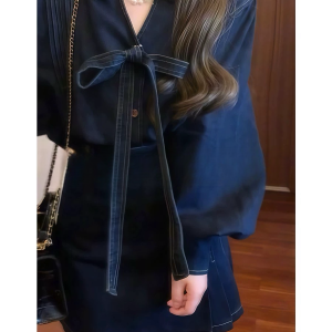 Women's Denim Suit Set - Korean Style Bow Tie Coat & A-Line Skirt - 2023 Autumn Winter High-End Fashion Two-Piece Outfit