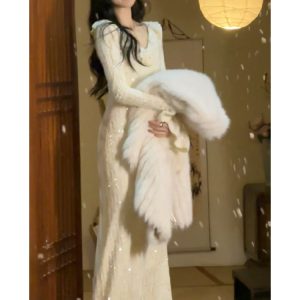 Women's Evening Snow Sequined Dress, Autumn Winter French Vintage Slim Fit Lace Party Gown, Fleece-Lined Mermaid Skirt