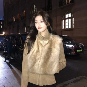 Women's Faux Fur Patchwork Jacket, Two-Piece Short Vest for Autumn and Winter, Trendy Y2K Style