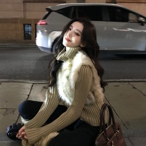 Women's Faux Fur Patchwork Jacket, Two-Piece Short Vest for Autumn and Winter, Trendy Y2K Style