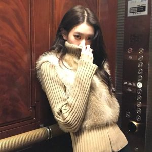 Women's Faux Fur Patchwork Jacket, Two-Piece Short Vest for Autumn and Winter, Trendy Y2K Style