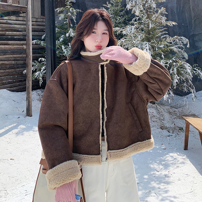 Women's Fleece-Lined Lamb Wool Coat, Winter 2024 Korean Style Thick Warm Motorcycle Jacket with Stand Collar