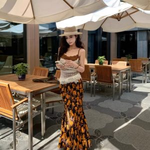 Women’s Floral Chiffon Skirt Set with Lace Camisole - Summer Outfit, Elegant Two-Piece Style for Casual or Dressy Occasions