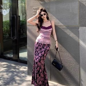 Women’s Floral Chiffon Skirt Set with Lace Camisole - Summer Outfit, Elegant Two-Piece Style for Casual or Dressy Occasions