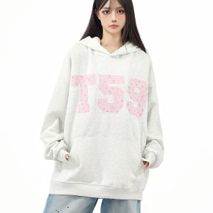 Women's Floral Patch Embroidery Hoodie - Loose Fit, Casual Autumn Sweatshirt, Trendy Amoeba Design