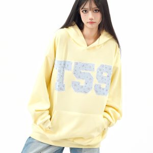 Women's Floral Patch Embroidery Hoodie - Loose Fit, Casual Autumn Sweatshirt, Trendy Amoeba Design